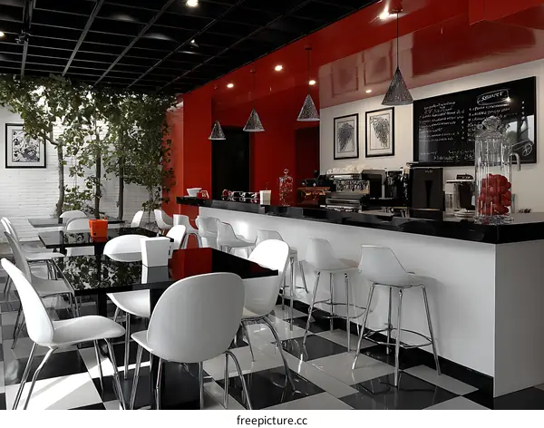 Modern Cafe Interior Design with White Chairs and Red Accents