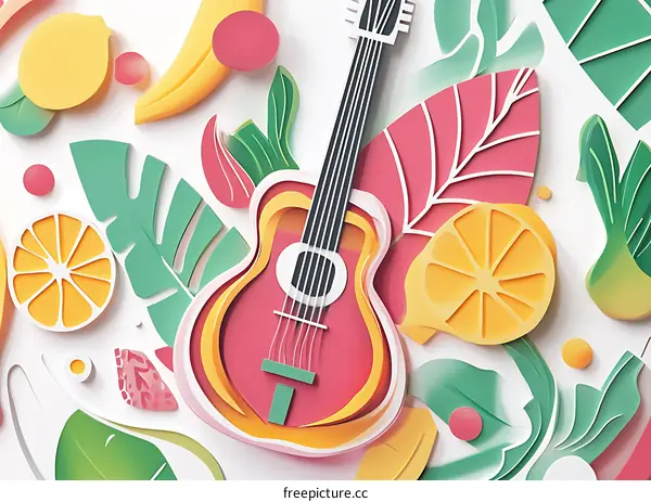 Guitar with Tropical Fruits and Leaves Illustration