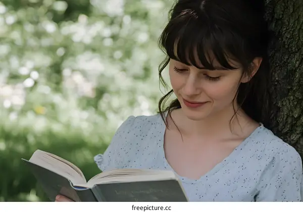 Young Woman Reading a Book in a Park