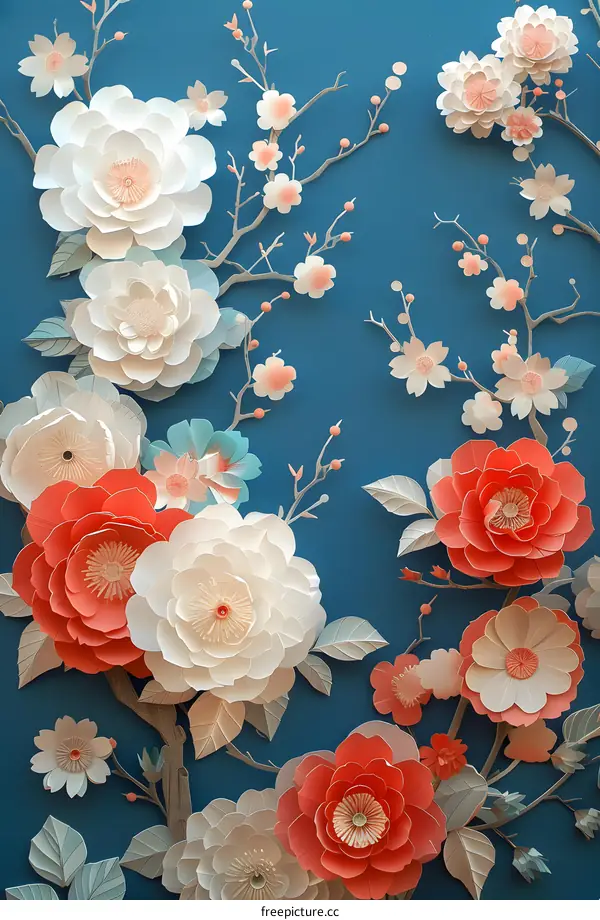 A 3D illustration of a variety of flowers made of paper in mostly white, pink, and red colors against a blue background with branches