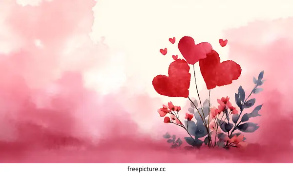 Romantic Watercolor Heart Balloons Flowers Illustration