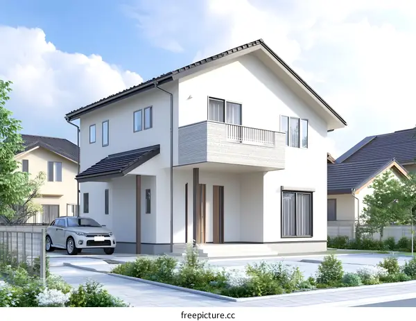 Modern Two Story House With Balcony And Car