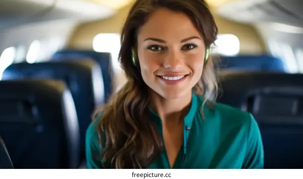Portrait of a smiling young woman wearing headphones on an airplane