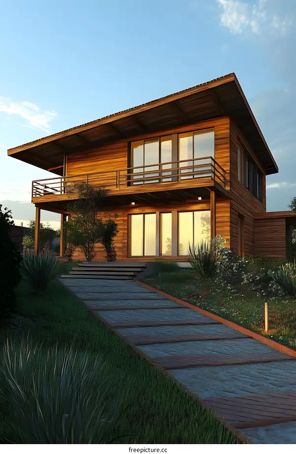 Modern Wooden House with a Large Patio and Stone Walkway