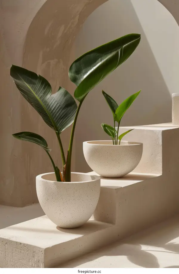 Two potted bird of paradise plants on a cream-colored background