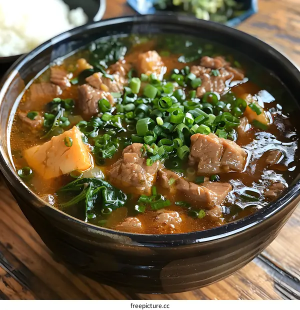 Close Up of a Bowl of Beef Stew with Green Onions and Greens