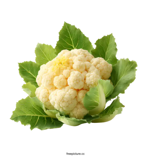 [Transparent Background PNG]Fresh Cauliflower Head with Leaves Studio Shot
