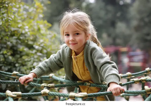 A little girl playing on a rope climbing structure in a park