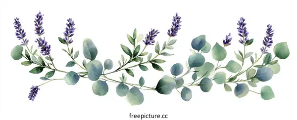 Watercolor Illustration of Lavender and Eucalyptus Branches