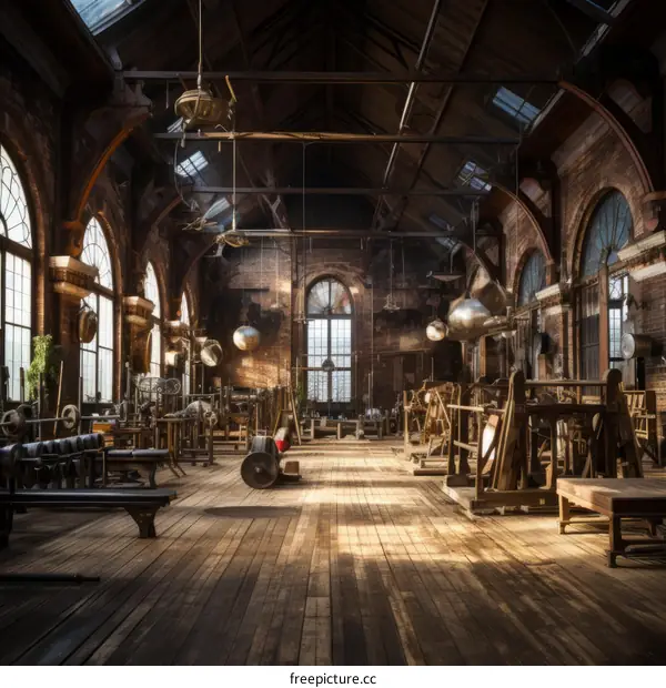 An empty vintage industrial building with brick walls and large windows