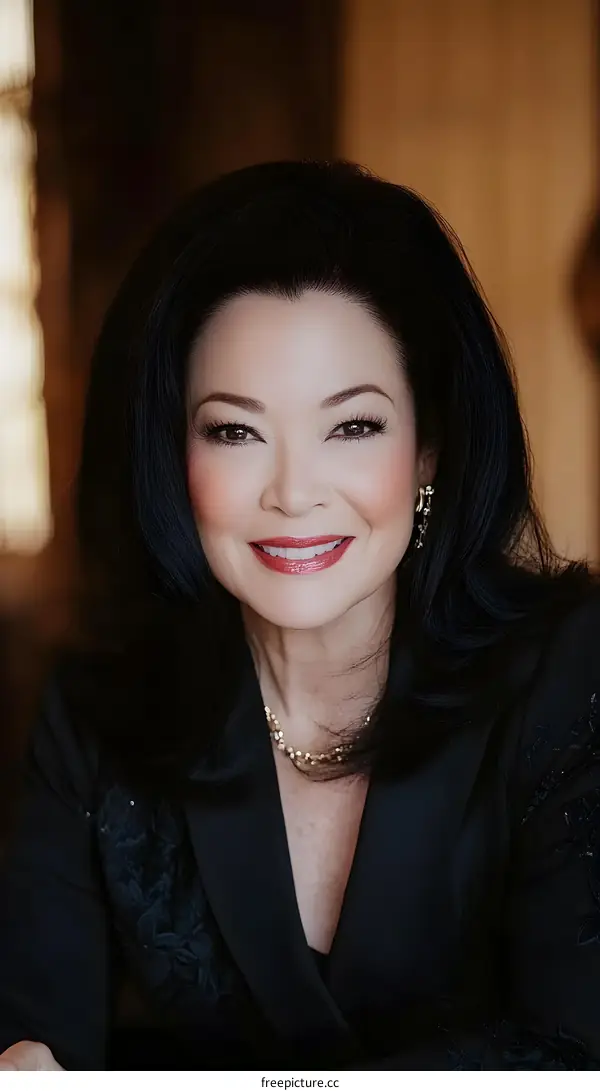 Portrait of a beautiful Asian woman with black hair smiling