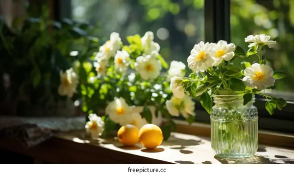 White Roses and Lemons on Wooden Table Near Window