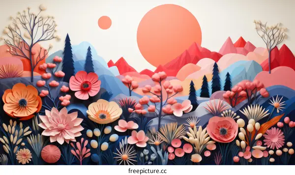 Vibrant and colorful paper flower landscape illustration