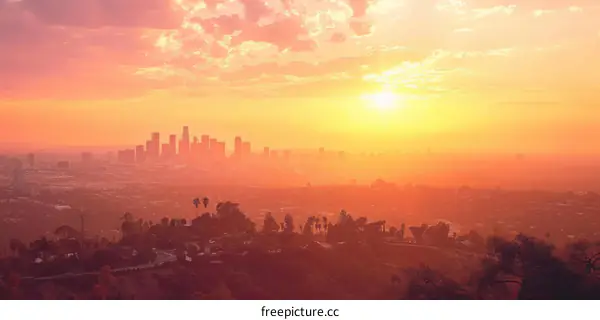 Los Angeles Cityscape at Sunset in Fog