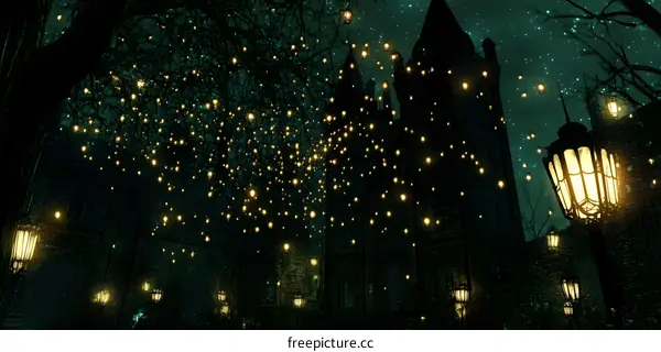 Nighttime View of an Old Stone Building with Lights in the Trees