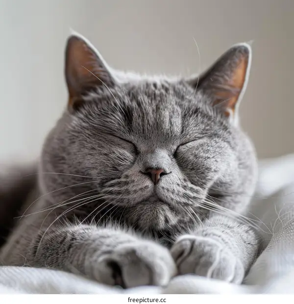 Cute British Shorthair Cat Sleeping on a White Blanket