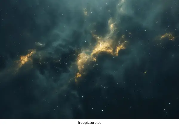 Interstellar space with glowing nebula gas clouds and bright stars