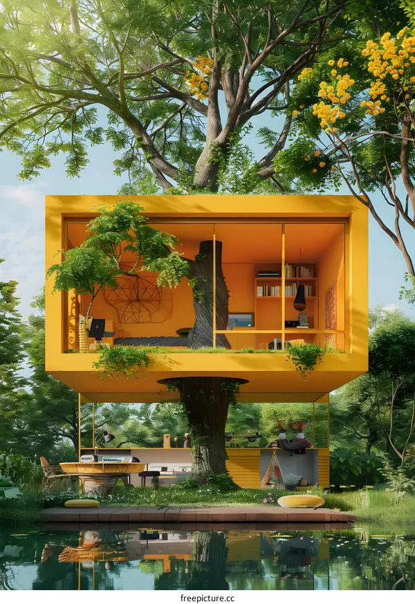 Modern Yellow Treehouse Design With Pond