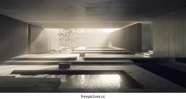 Minimalist Modern Courtyard Design with Sunbeams and Stone