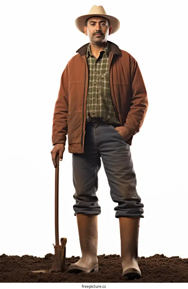 A farmer standing in a field holding a shovel