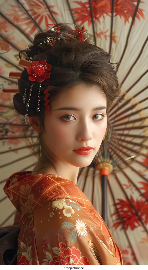 Portrait of a beautiful Japanese woman in traditional kimono