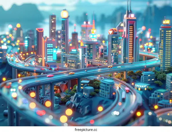 Futuristic city with highways and skyscrapers