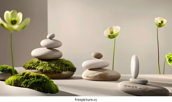 Minimalist Zen Garden with Stacked Stones and Green Flowers