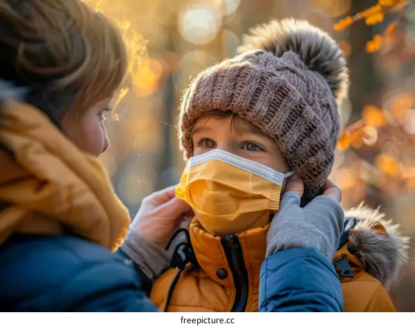 Mother putting a mask on her child during the COVID-19 pandemic