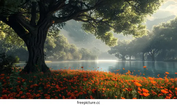 Red Flower Field with Serene Lake