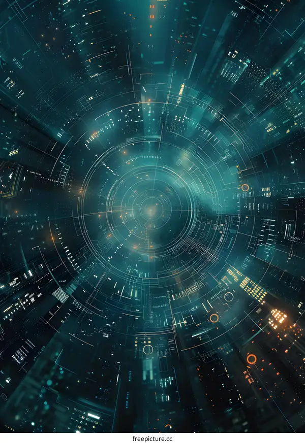 A futuristic illustration of a circuit board with glowing lights.