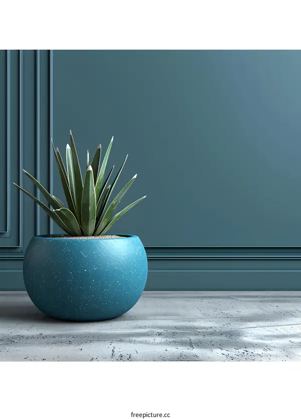 Blue Potted Plant on Blue Wall with Grey Floor