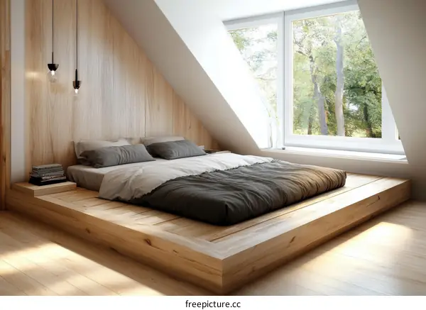 Modern Minimalist Wooden Platform Bed with Large Window