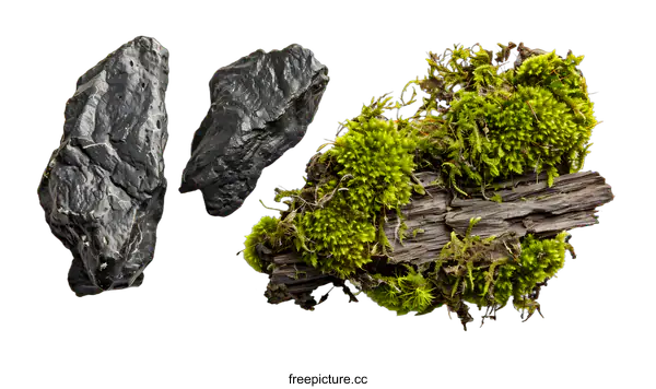 [Transparent Background PNG]Green Moss and Two Black Rocks on White Background