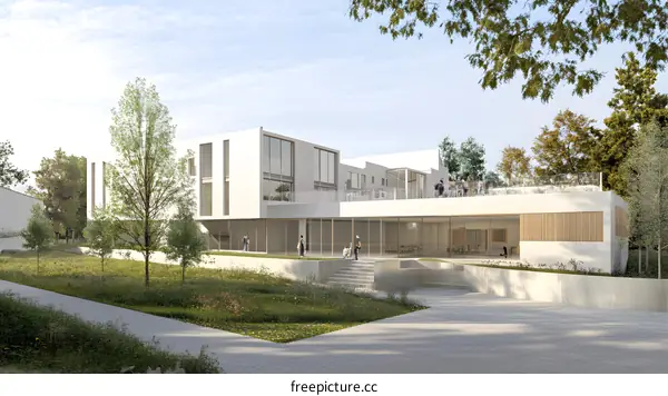 Modern Minimalist Architecture Building Design With People On The Roof