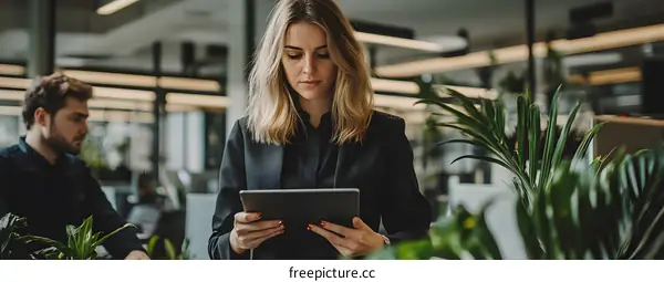 Young Businesswoman Working on Tablet in Modern Office