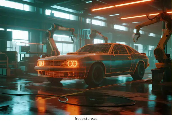 Automated Robotic Arm Assembling Car in Modern Factory