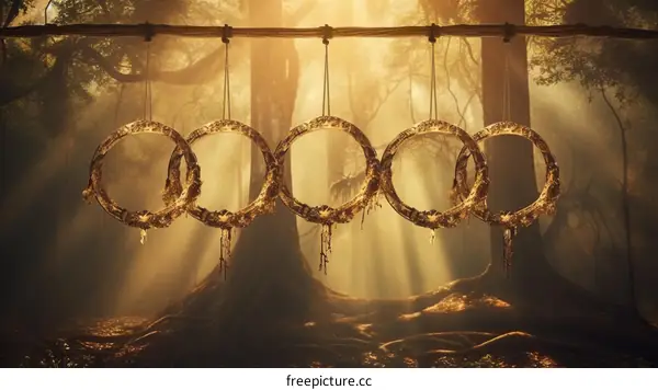 Golden rings hanging in a mystical forest