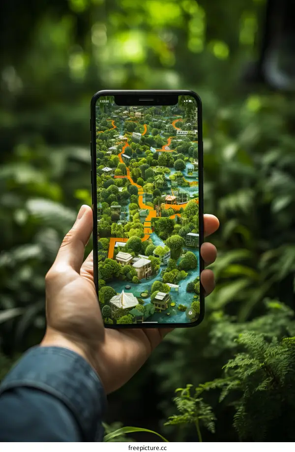 A hand holding a smartphone with a map of a green city displayed on the screen