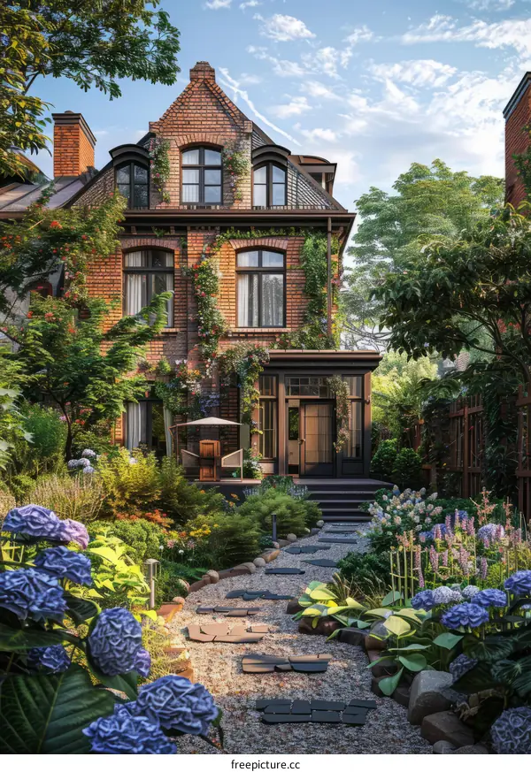 Charming brick house with lush garden and flowers