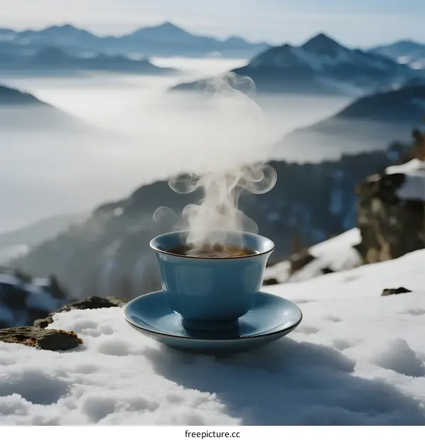Warm cup of coffee on snowy mountain peak with misty view
