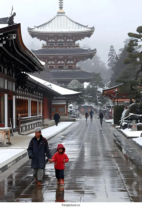 Snowfall at the Temple in Japan