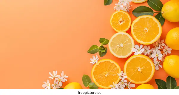 Orange and Lemon Slices with White Flowers on Peach Background