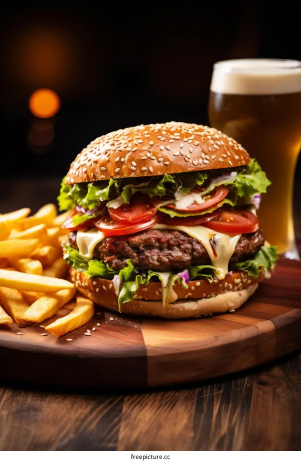 A delicious cheeseburger with fries and a glass of beer