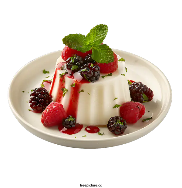 [Transparent Background PNG]Panna cotta dessert with berries and mint