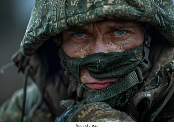 Close Up Portrait of a Soldier in Camouflage