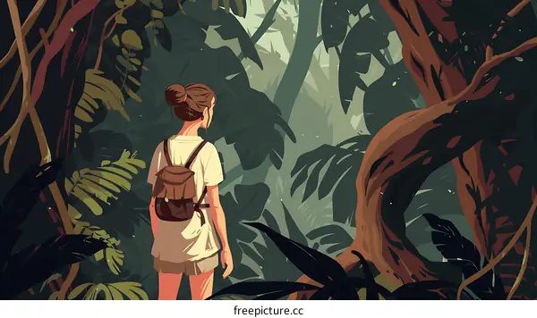 Woman Exploring Dense Tropical Forest Illustration