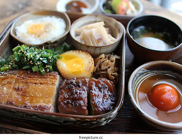 Japanese Bento Box with Grilled Fish, Egg, and Rice
