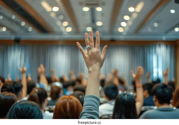 A group of people are raising their hands in a conference room