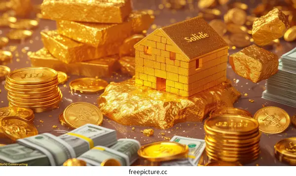A golden house sits on top of a pile of gold bars and coins.