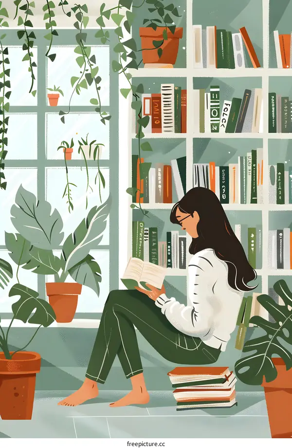 Woman Reading Book In Library With Green Plants Illustration
